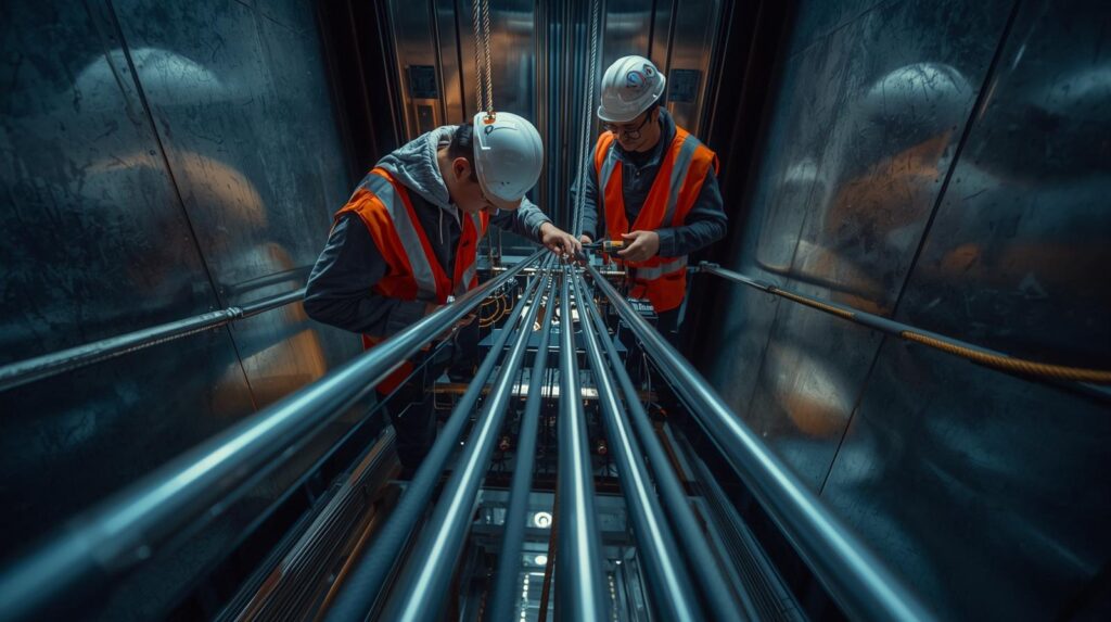 صورة ل فنين تركيب المصاعد يقومون بشد حبال المصعد